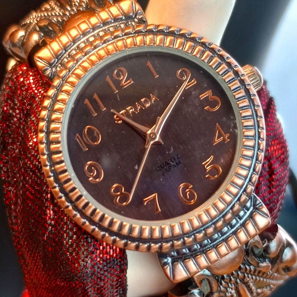 Strada Rosy Copper tone Hinged Bracelet Cuff Watch 6"+ Southwest Tribal